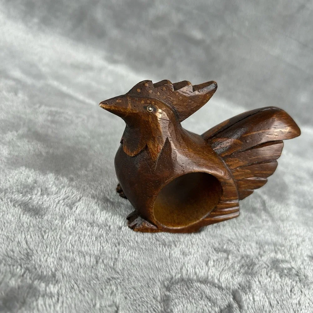 Carved Wooden Napkin Rings Set Of 5 Chicken Rooster Hand Made Vintage Dark Wood